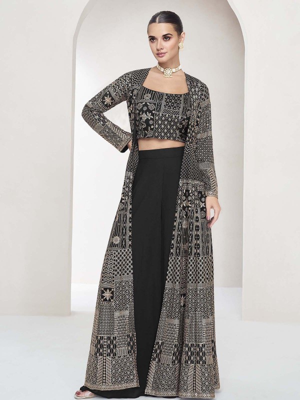 Slate Black Real Georgette Shrug Style Plazzo With Choli